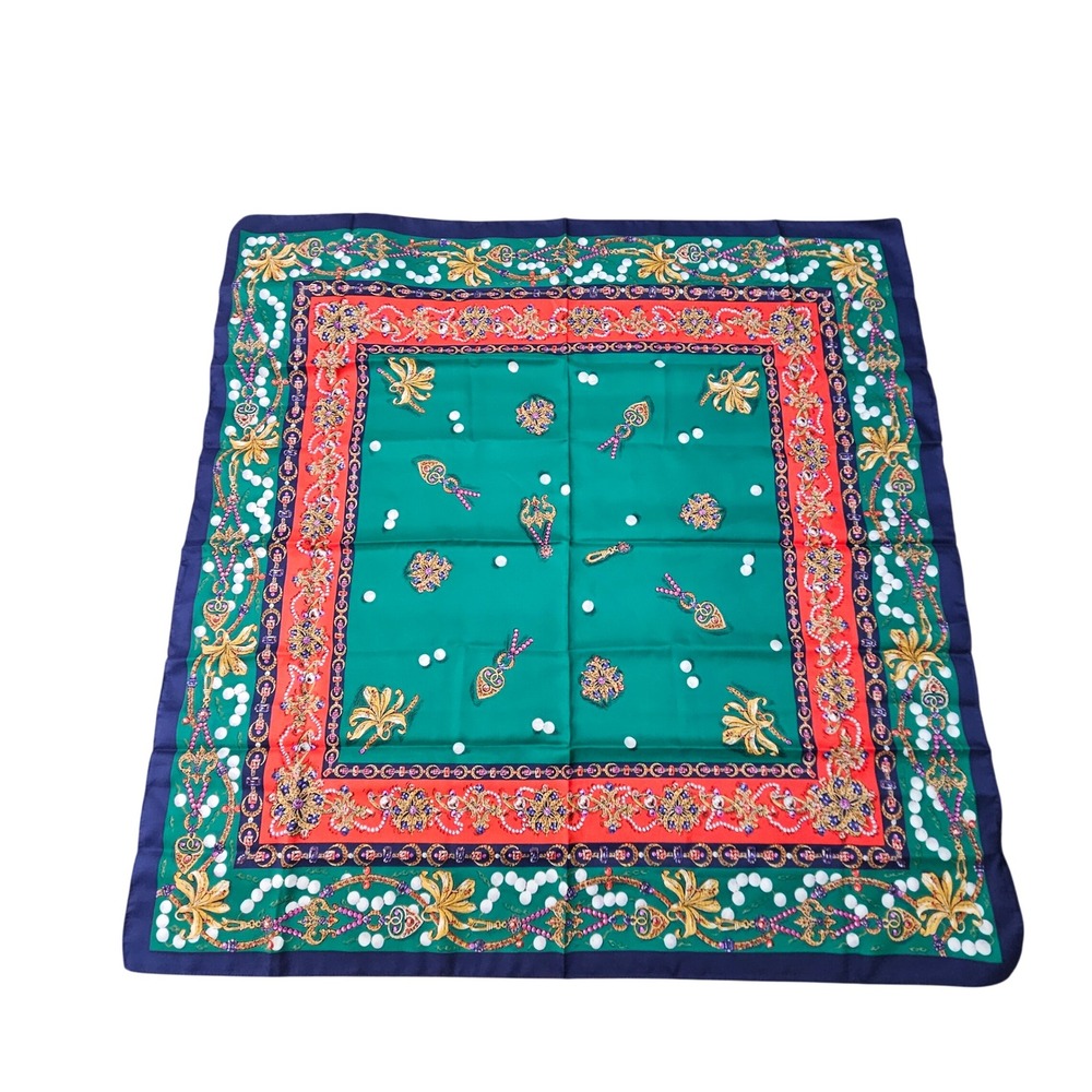 Tie Rack Scarf Womens OS Green Blue Ornate Chain Pearl Jewel Print Italy Square